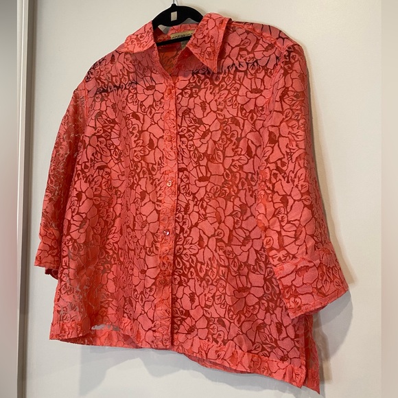 VTG Y2K Sheer Coral Pink Floral Button-Up Top - Picture 4 of 6